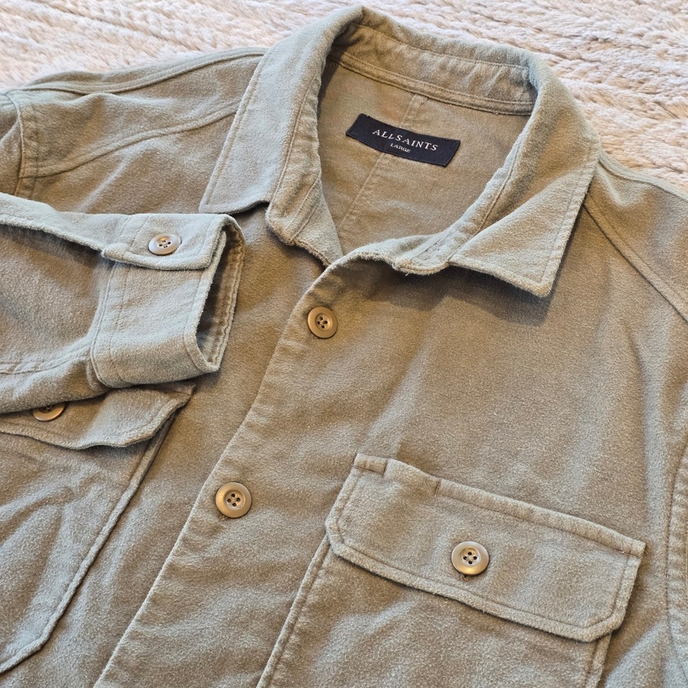 AllSaints‎ Humbold LS Shirt Mens Large Olive Green Cotton Button Down MS022P